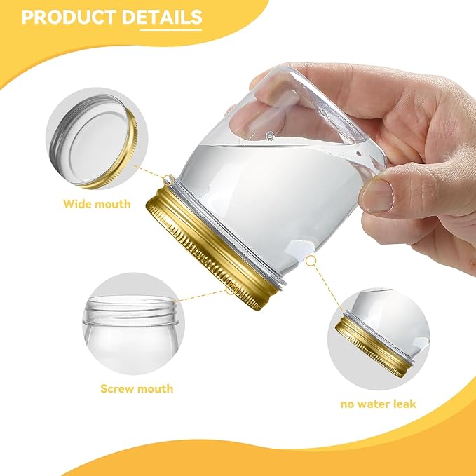 Food Storage Jars 16 Pack, 8 oz Clear PET Plastic with Gold Lids