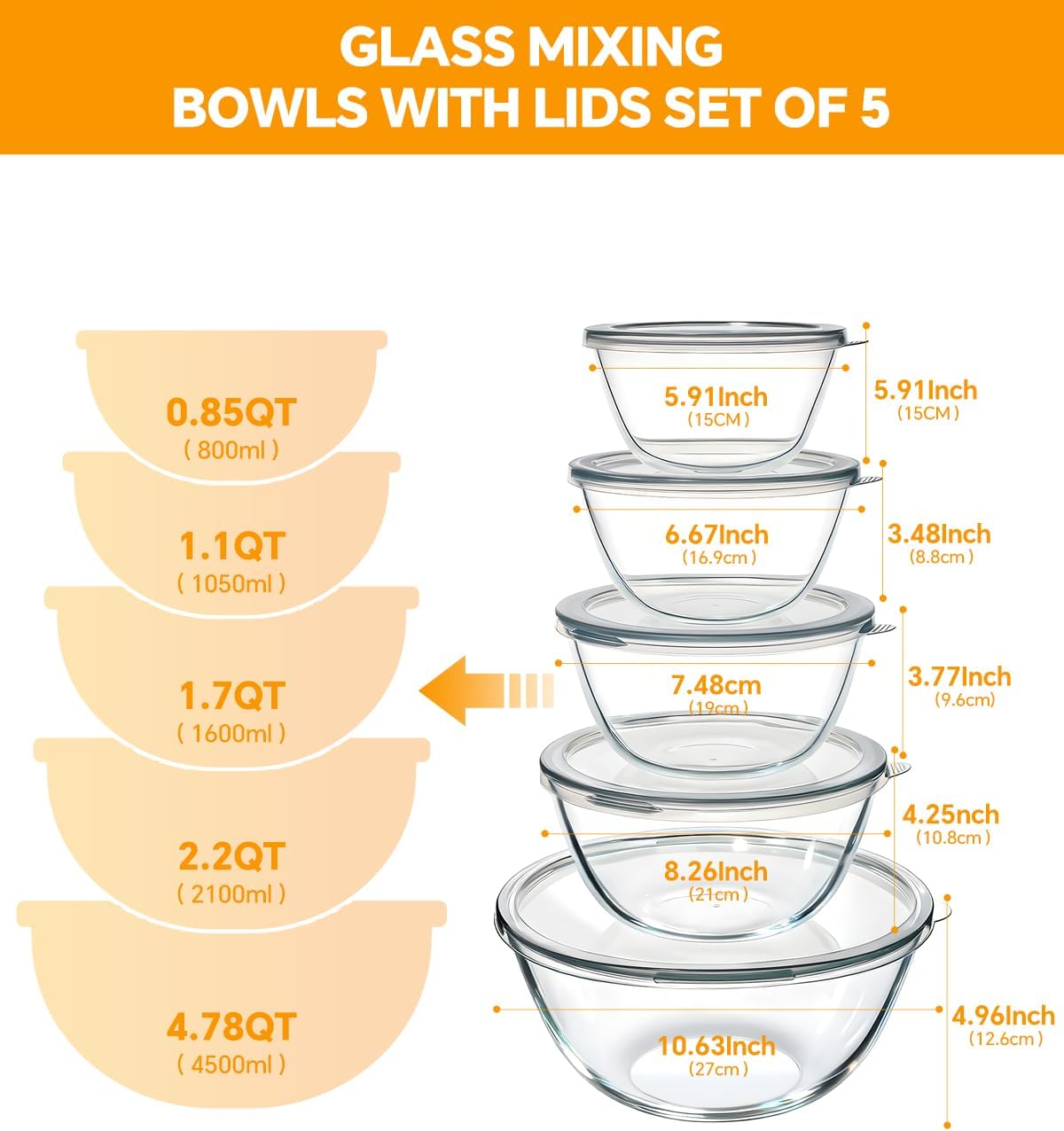 Glass Mixing Bowls with Lids Set of 5(4.78QT,2.2QT,1.7QT,1.1QT,0.85QT),Thick – features