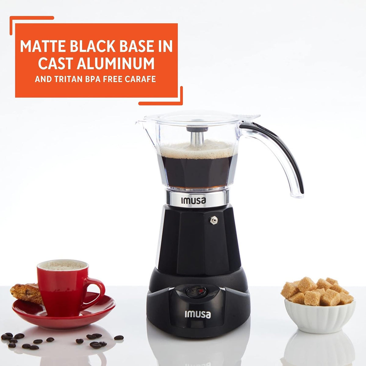 6 or 3 Cup Electric Espresso Maker with Cool-touch Handle, Black – close-up