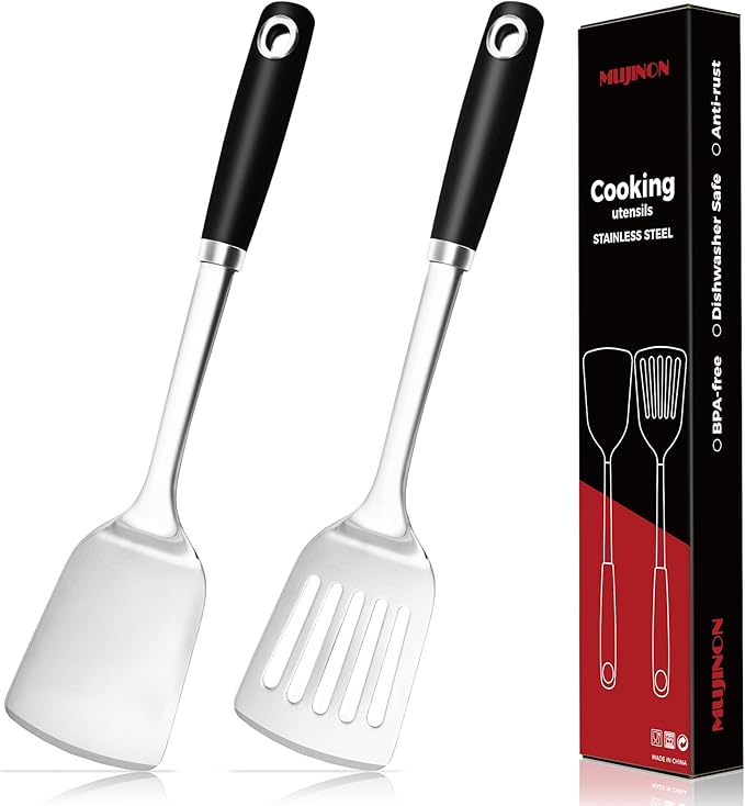 14.3-in Spatula Set, 18/0 Stianless Steel Heavy Duty Turner & Slotted Spatula, Kitchen Cooking Utensils Set, High Heat Resistant, Grilling Frying Serving Food, Pack of 2