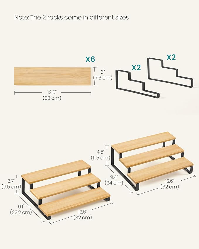Spice Racks, 2-Piece Set, Beige and Black Engineered Wood Tiered Organizer