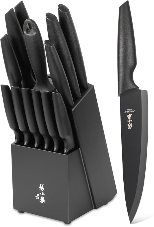 Zhang Xiao Quan Since 1628 15-Piece Kitchen Knife Block Set with Sharpening Steel Knive Set Ergonomic Handle (Black)