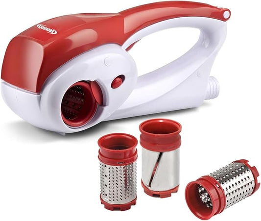 Electric Hard Cheese Grater, Model CES03D, Red, Stainless Steel, Automatic, Cordless, 3 Interchangeable Blades, Easy to Clean