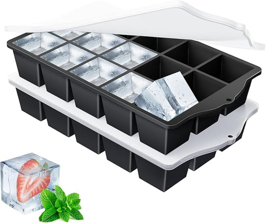 FANYITY Silicone Ice Cube Trays 2-Pack with Locks lids,Easy Release Ice Molds for Freezer,Perfect for Cocktails, Whiskey, Coffee