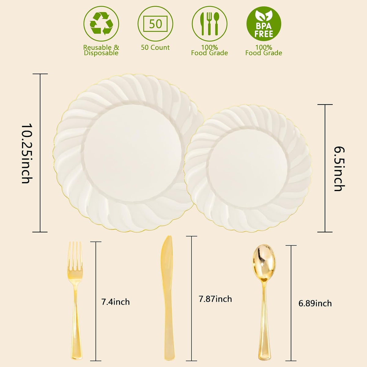 125PCS Ivory Scalloped Plastic Plates for Wedding Thanksgiving Day – detail