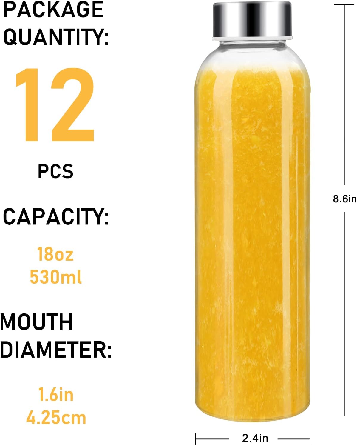 [12 Pack] 18 oz Glass Water Bottles with Lids, Juice Bottles, Clear glass juice – set view
