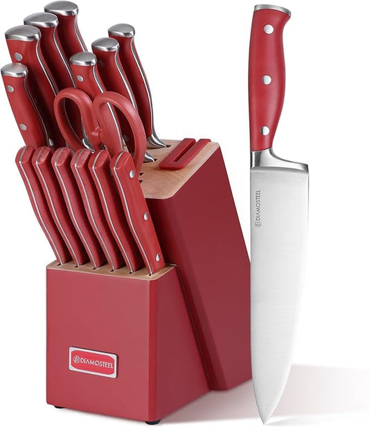 Red Knife Set, 15-Piece Knife Block Set with Built-in Sharpener Scissors for Kitchen, Dishwasher Safe Knives Set Elegant Present for Family & Restaurant