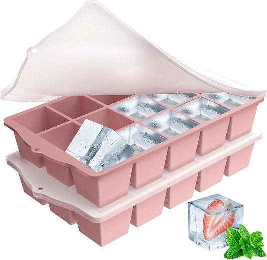 FANYITY Silicone Ice Cube Trays 2-Pack with Locks lids,Easy Release Ice Molds for Freezer,Perfect for Cocktails, Whiskey, Coffee