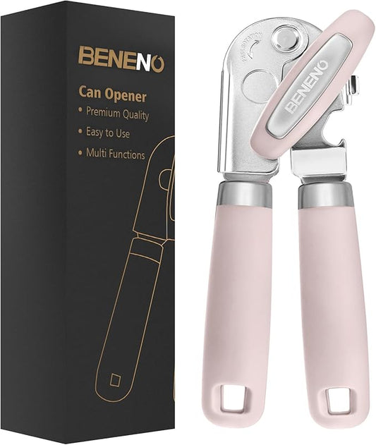 Beneno Heavy Duty Hand Can Opener Manual with Magnet, Durable Sharp Carbon Steel Blade Smooth Cutting, Big Effort-Saving Knob & Soft Grip Handle, Multifunctional Bottle Opener, Light Pink