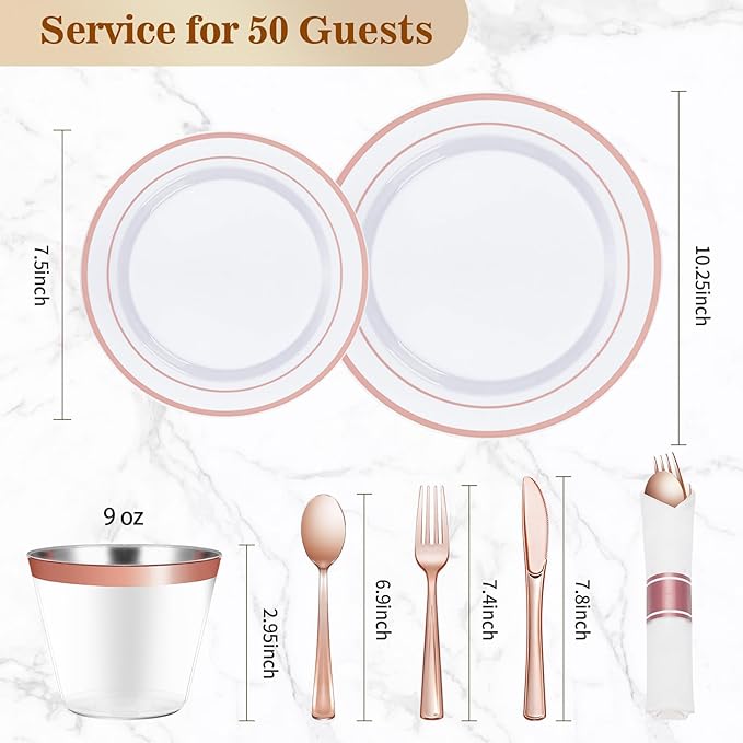 Plates Set, White with Rose Gold Rim, 10.25-Inch Dinner and 7.5-Inch Salad