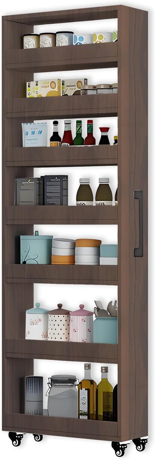 7-Tier Slim Storage Cart, Wooden Rolling Pantry Cabinet with Wheels, Narrow Shelf Organizer for Kitchen, Bakers Rack, Dining Room, Closet, Small Spaces Gray 73.2‘’H*5.9''W*19.6''D