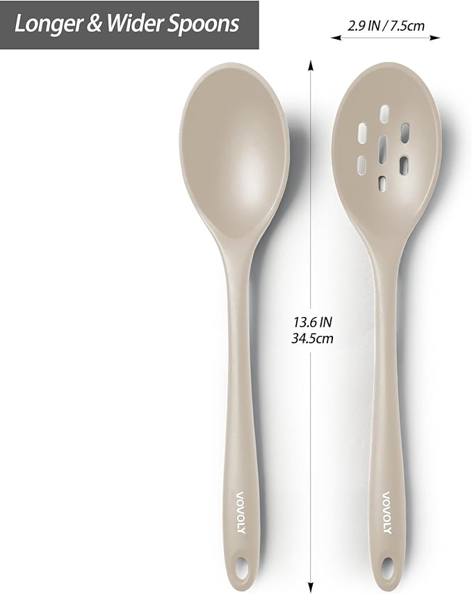 Silicone Slotted Spoons for Cooking - Extra Large Kitchen Spoons for Mixing, Serving, & Stirring - 600°F Heat-Resistant Non Stick Utensils Skimmer- Dishwasher Safe, Khaki