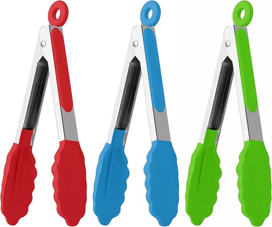 7-Inch Silicone Tongs Pack of 3, Small Tongs with Silicone Tips for Cooking, Barbecue, Buffet Serving (7", RGB)
