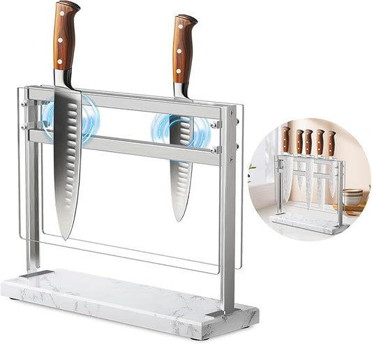 Acrylic Shield Magnetic Knife Block Holder - Marble Base Magnetic Knife Stand for Counter Top -Double Sided Magnetic Knife Holder -Stainless Steel Kitchen Knife Block without Knives -White