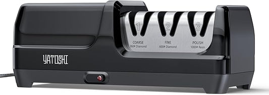 Yatoshi Electric Sharpener, 50-Watt, Diamond Abrasives and Precision Angle Guides, 20-Degree Straight-Edge and Serrated Knives, 3 Stage