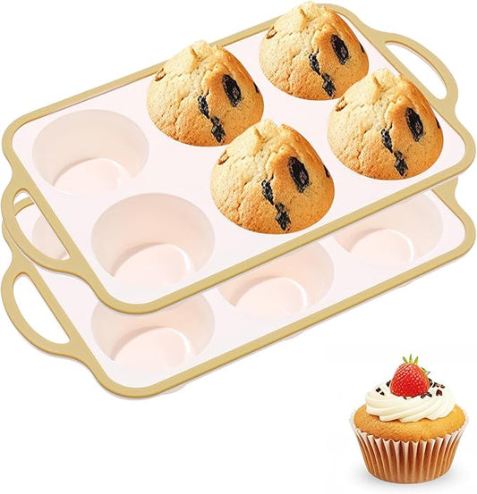 Silicone Jumbo Muffin Pan with Metal Frame, Non Stick Food Grade Silicone Large Muffin Pan, with Handles 6 Cup,BPA-Free and Dishwasher Safe, Jumbo Cupcake Pans - 2 Piece Light Yellow