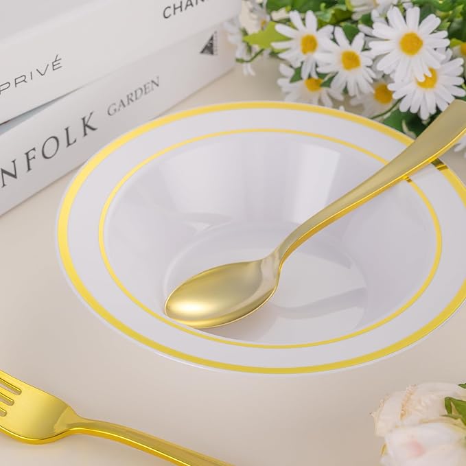 Disposable Bowls 12 oz White Plastic with Gold Rim, 50 Count