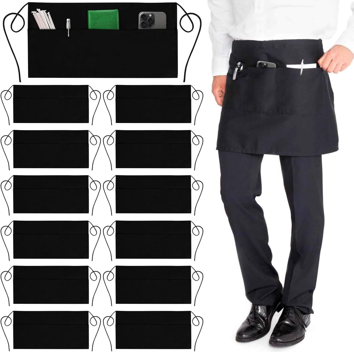 Server Aprons with 3 Pockets - Waist Apron, Waitress Apron for Women and Man – another angle