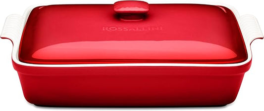 Stoneware Casserole Dish Bakeware Set with Lid, Covered Rectangular Dinnerware, Extra Large 4.23 Quart, 13 by 9 Inch, Deep Red