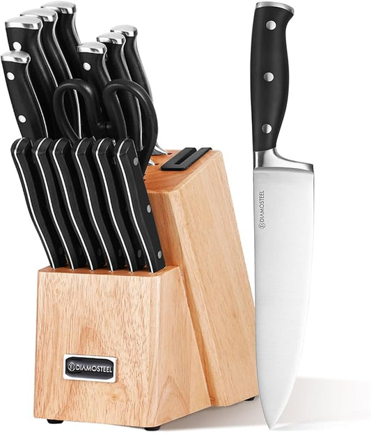 Black Knife Set, 15-Piece Knife Block Set with Built-in Sharpener Scissors for Kitchen, Dishwasher Safe Knives set Ideal Present for Family & Restaurant