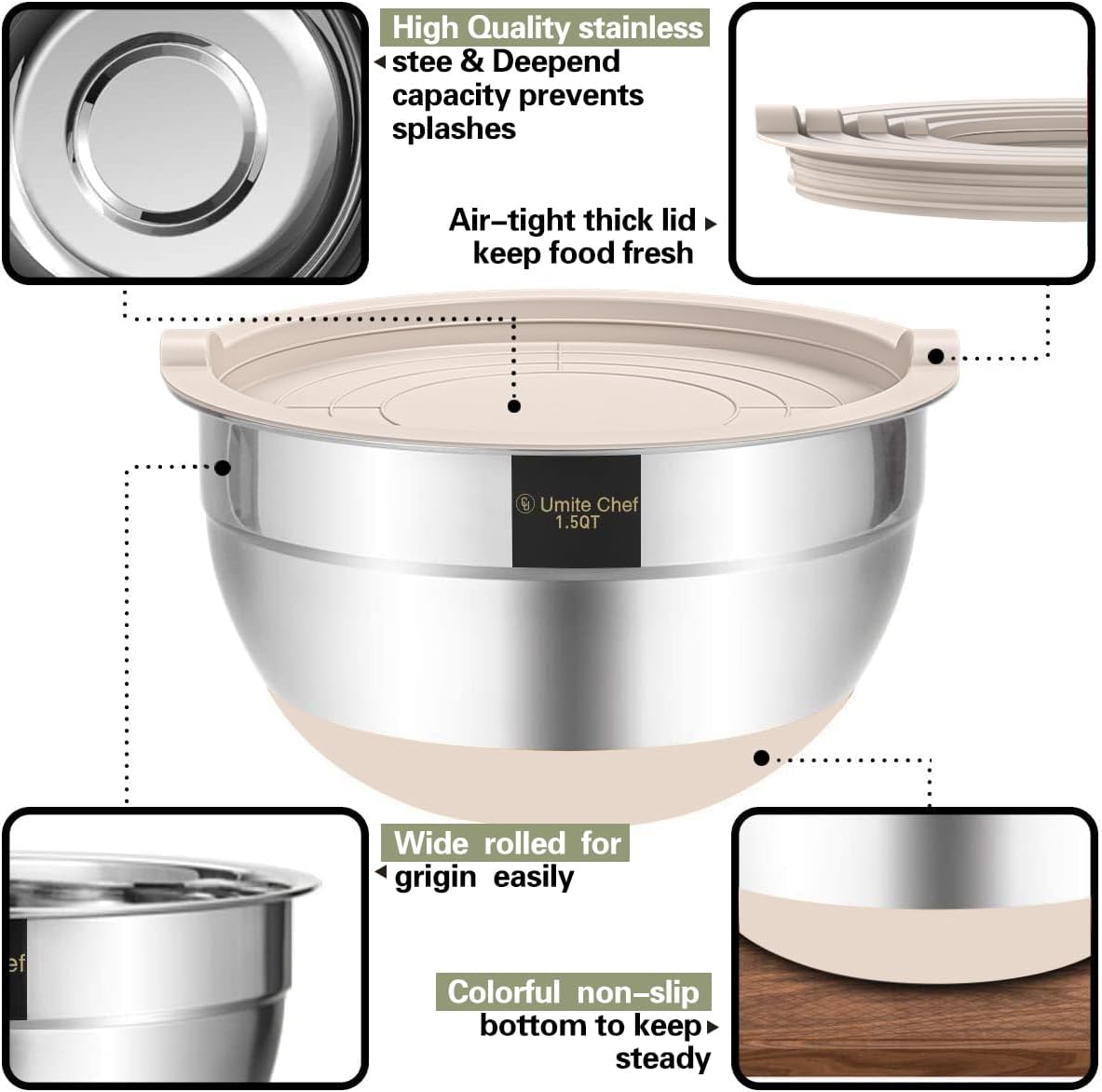Mixing Bowls with Airtight Lids, 6 piece Stainless Steel Metal Nesting Storage – features