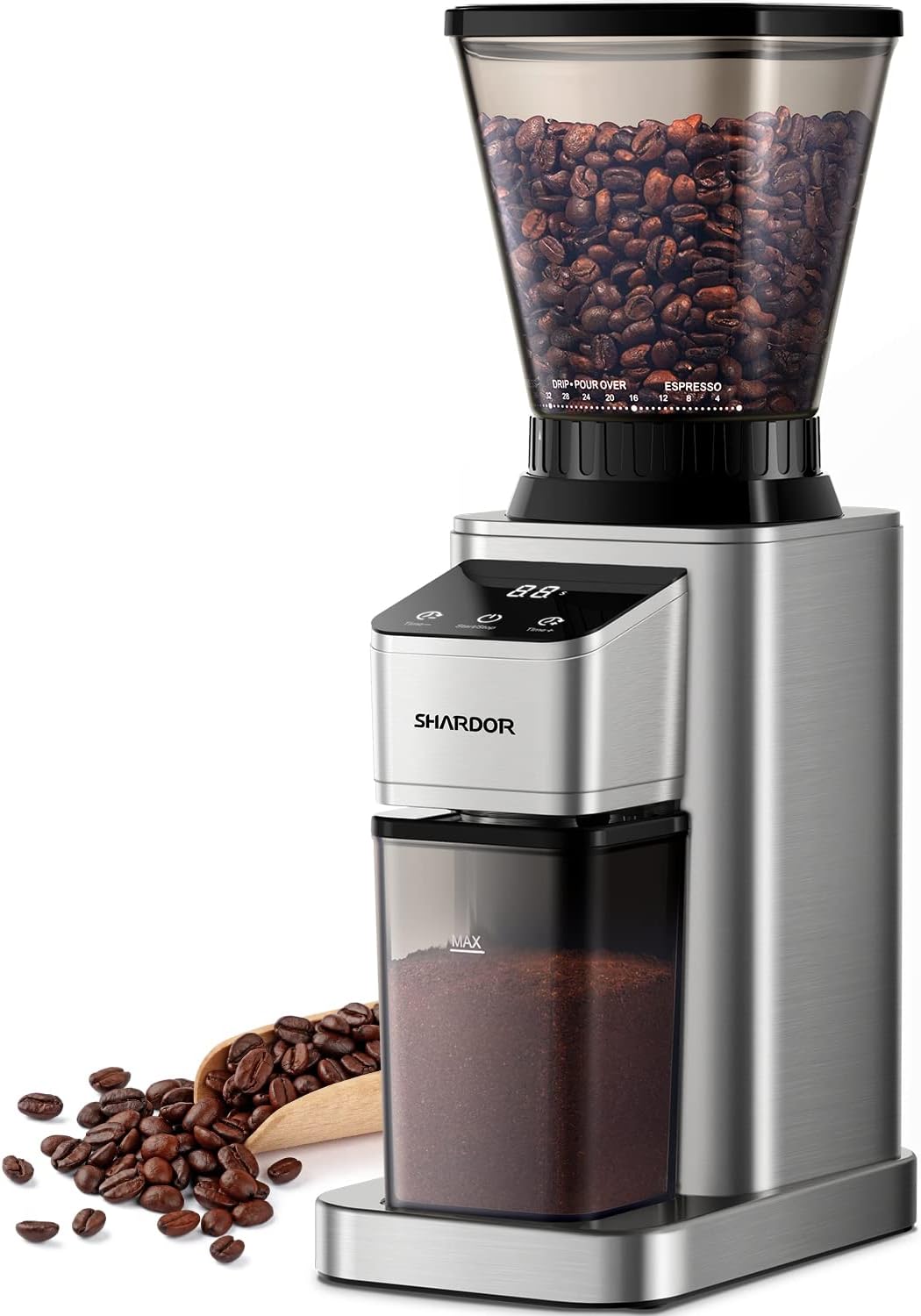 Conical Burr Coffee Bean Grinder, Anti-Static, 48 Settings, Silver