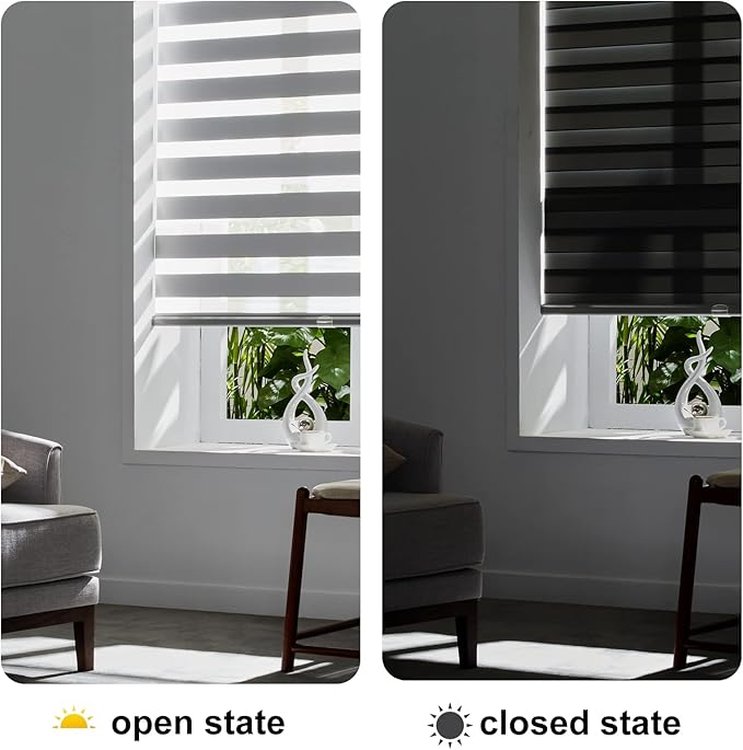 Persilux Cordless Zebra Blinds for Windows (35" W X 64" H, Grey) Free-Stop Roller Windows Shades Dual Layer Light Control for Day and Night, Light Filtering Sheer Shades for Home, Easy to Install