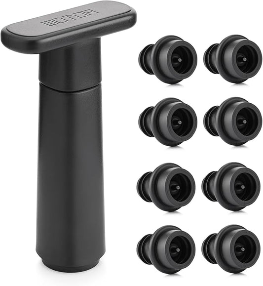 WOTOR Wine Saver Vacuum Pump with 8 Stoppers, Wine Stopper & Preserver, Reusable Bottle Sealer Keeps Fresh, Ideal Accessories Gift (Flat Handle)