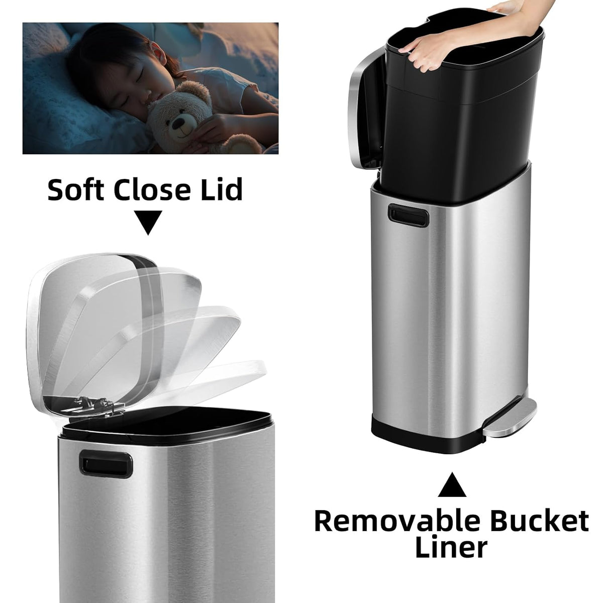 Kitchen Trash Can with Lid, 13 Gal Stainless Steel Pedal Garbage Can – close-up