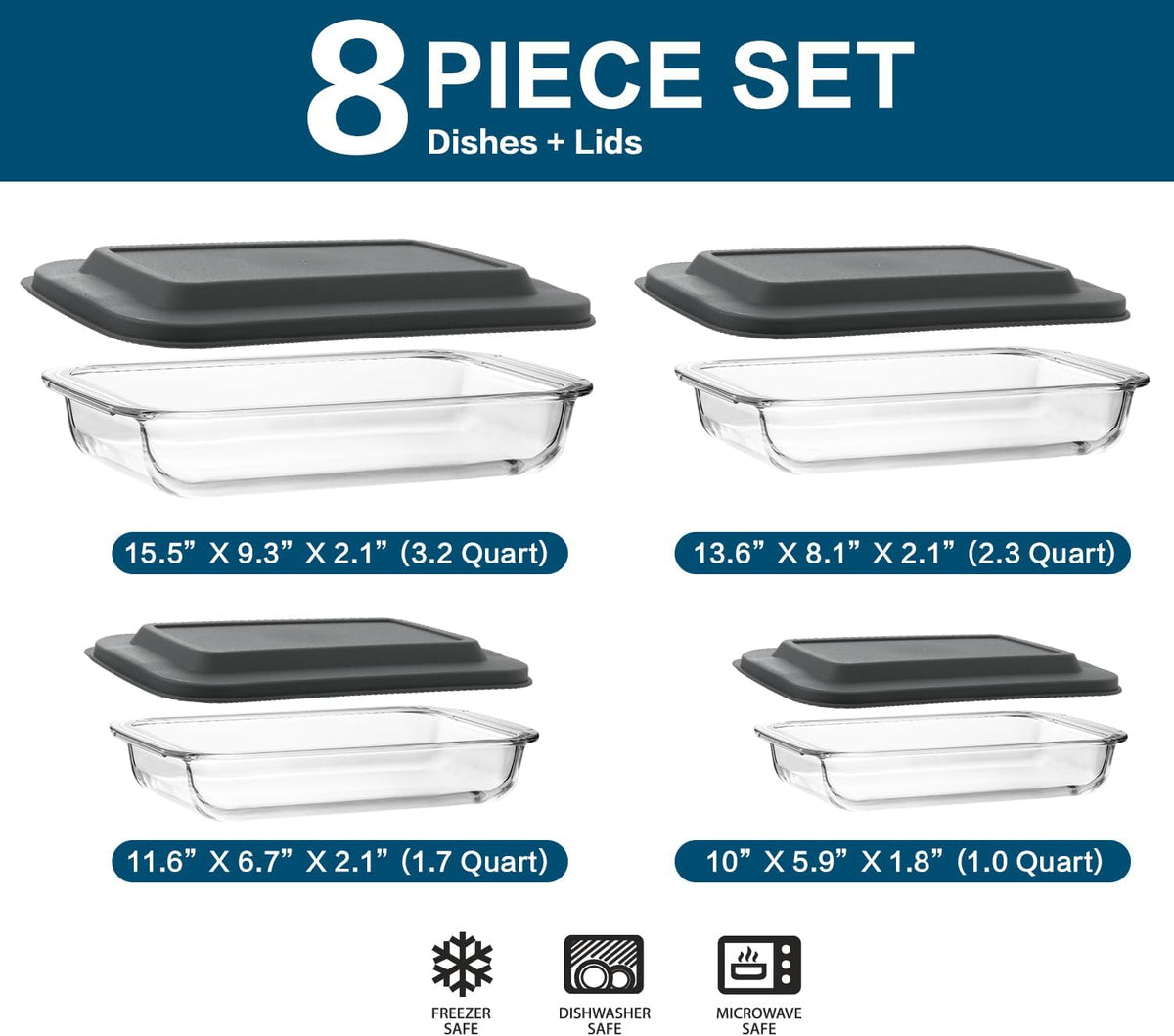 8 Piece Deep Glass Baking Dish with Lids, BPA free,Gray – detail