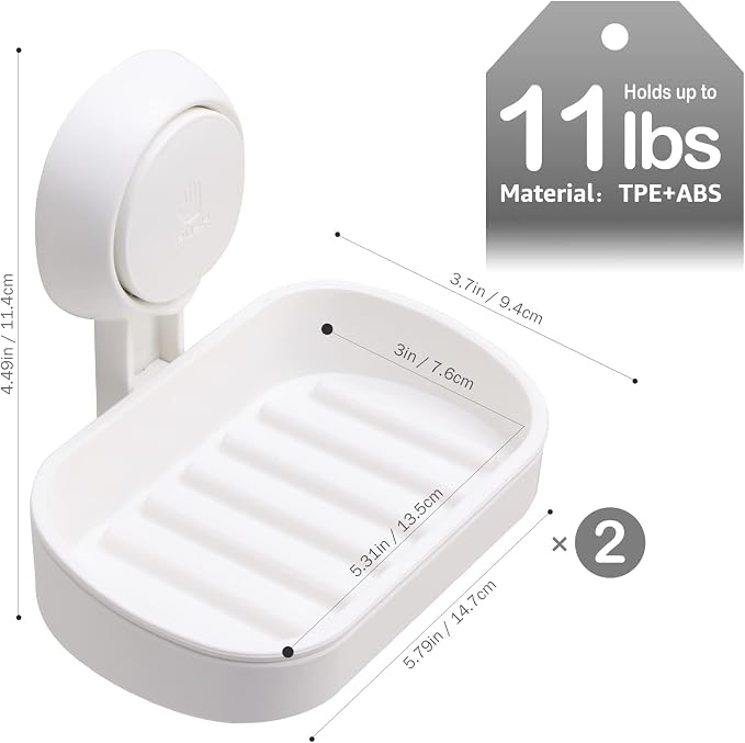Soap Dish 2 Pack, White No-Drill Suction Shower Wall Holder