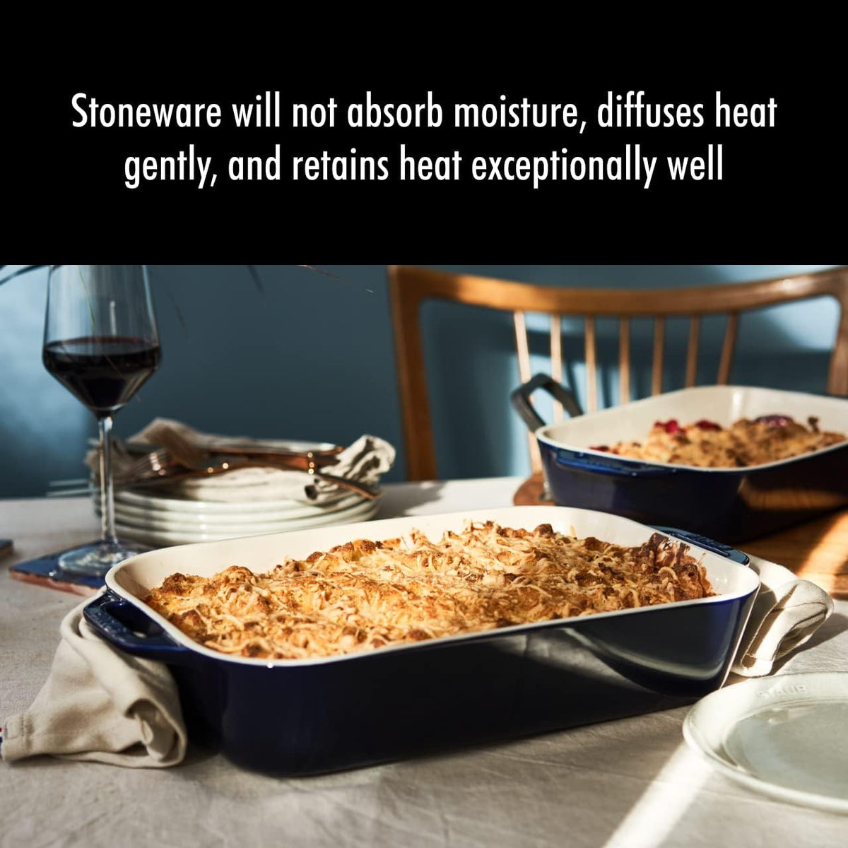 2-Pc Rectangular Ceramic Baking Dish Set, Oven Safe Up To 570°F, Blue – features