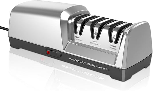 Electric Knife Sharpener 3 Stage, With 100% Diamond Abrasives and 15° Precision Angle Guides, Knife Sharpener Electric for all Kitchen Knives, Super Quiet Sharpenning and Polishing, Silver
