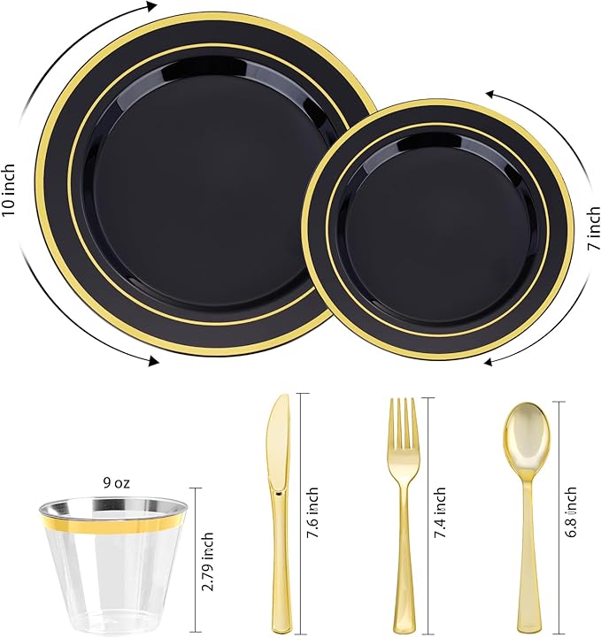 Disposable Black Plastic Plates Set with Gold Rim, 600 Pieces