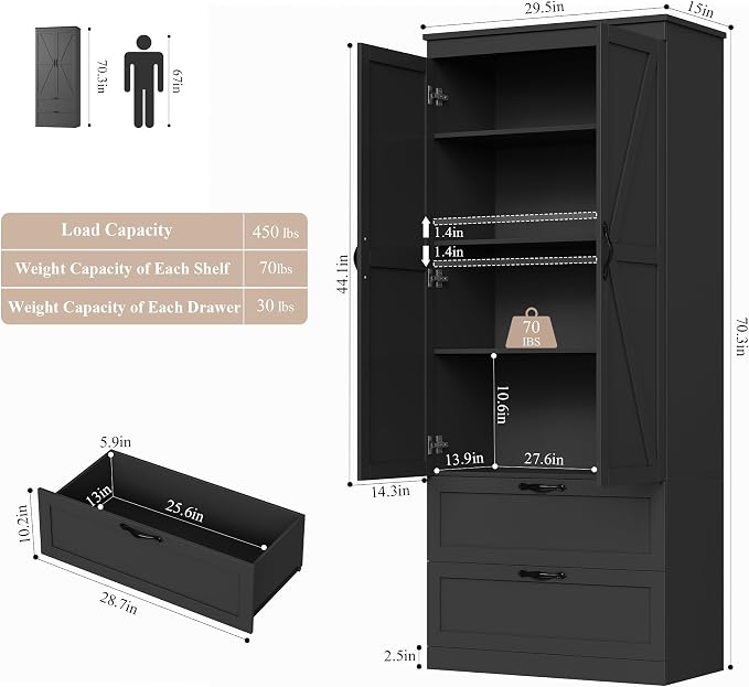 Pantry Storage Cabinet 70 Inch Tall, Black with Barn Doors and Drawers