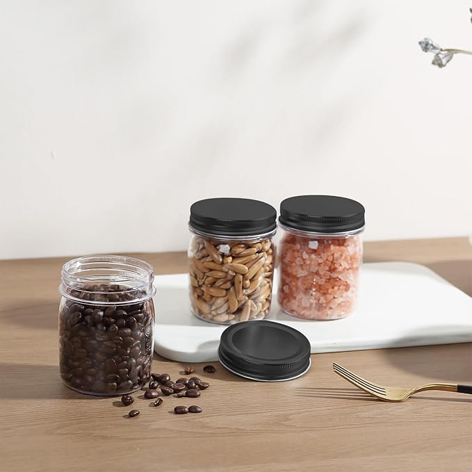 Food Jars 8 oz Clear PET Plastic Canisters, 48 Pack with Metal Lids