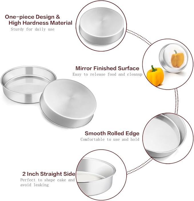 TeamFar 6 Inch Cake Pan, Round Cake Pan Tier Baking Pans Set Stainless Steel, Fit in Pot Pressure Cooker Air Fryer, Healthy & Toxic Free, Mirror Finish & Sturdy, Oven & Dishwasher Safe - Set of 3
