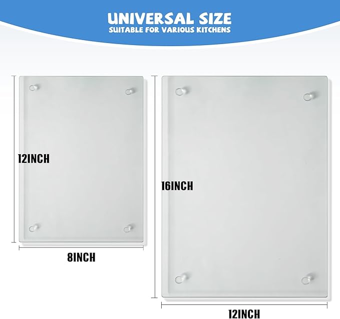 Tempered Glass Cutting Board for Kitchen, Clear Glass Board for Countertop, Heat Resistant, with Non-Slip Feet, 12x16" & 12x8" 2 Pcs Clear
