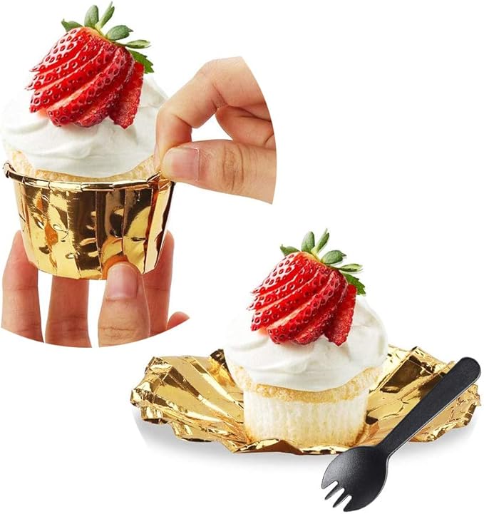 Baking Cups with Lids, Gold Foil Mini Cupcake Liners, 100 Count