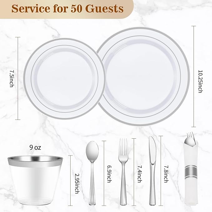 Plates Set with Silver Rim, White Plastic, 10.25-Inch Dinner Plates