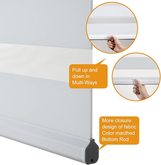 Persilux Cordless Zebra Blinds for Indoor Windows, Free-Stop Light Filtering Sheer Shades, Dual Layer for Day and Night, Roller Shades for Home (35.25" W X 64" H, White)