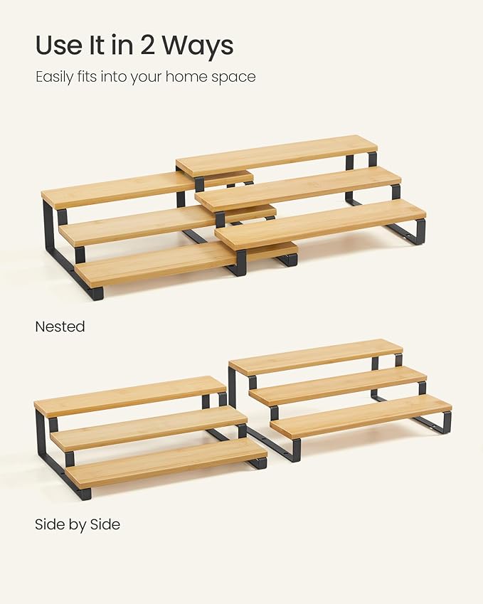 Spice Racks, 2-Piece Set, Beige and Black Engineered Wood Tiered Organizer