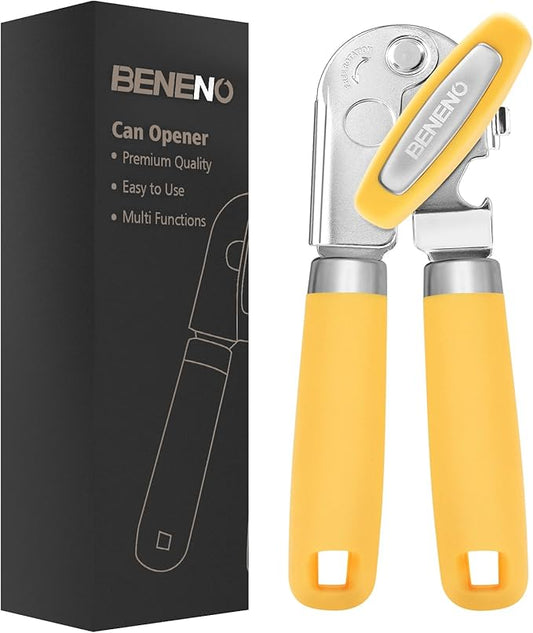 Beneno Heavy Duty Hand Can Opener Manual with Magnet, Durable Sharp Carbon Steel Blade Smooth Cutting, Big Effort-Saving Knob, Soft Grip Handle, Multifunctional Kitchen Tool with Bottle Opener, Yellow