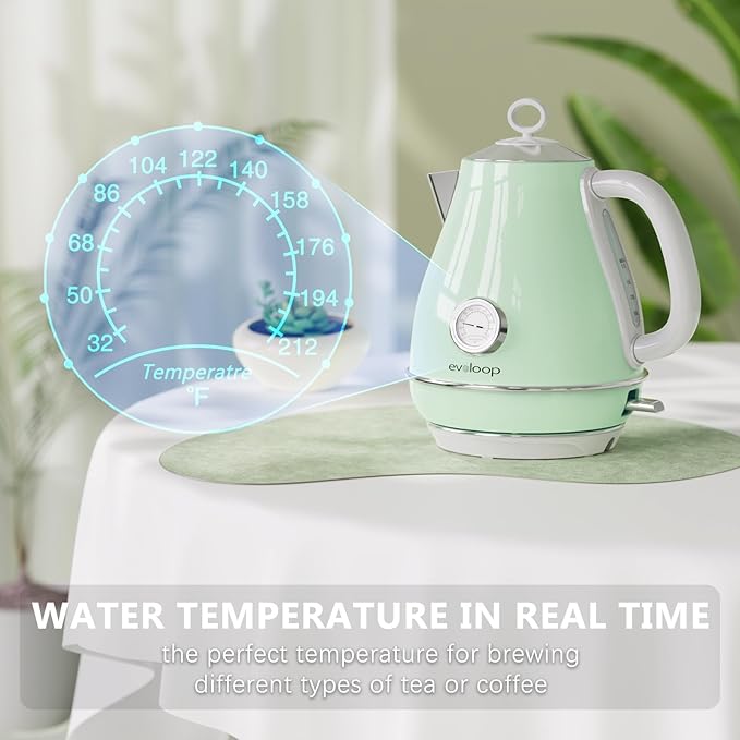 Evoloop Electric Tea Kettle, 1500W /1.7 Liter Hot Water Boiler Heater Pot, Retro Electric Kettle with Thermometer, Auto Shut-Off & Boil-Dry Protection, BPA Free,Stainless Steel Teapot