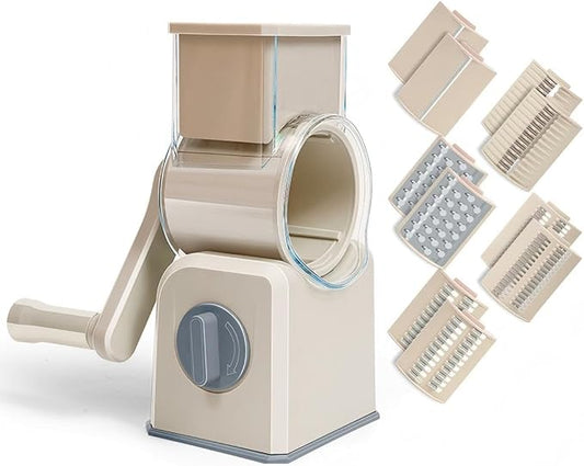 Rotary Cheese Grater with Hand Crank, Multi-Purpose Shredder Slicer with 5 Interchangeable Stainless Steel Blades for Shredding, Slicing, and Grating Cheese, Vegetables, and Fruit (Beige)