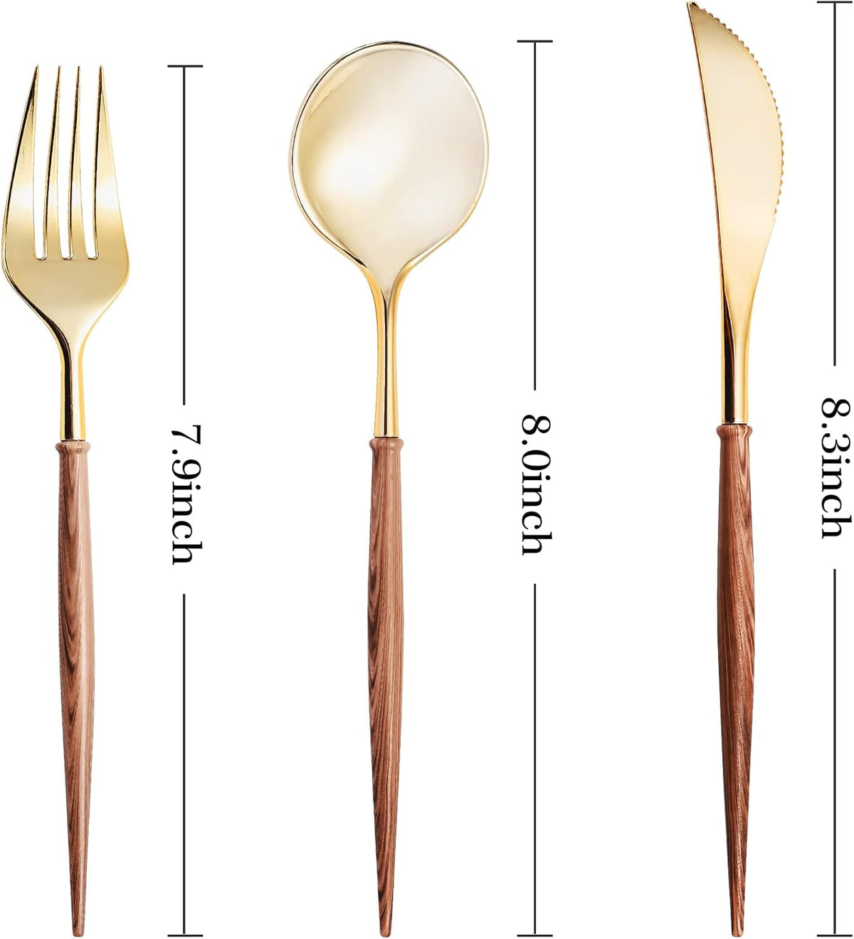 120PCS High End Gold Plastic Silverware with Wood Grain Handle – detail