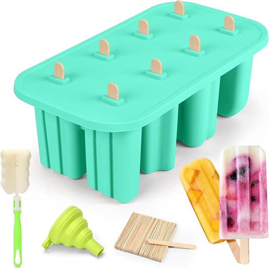 Popsicles Molds, 8-Cavity Silicone Popsicle Molds with 50 Sticks, BPA-Free Ice Pop Mold Popsicle Maker with Funnel & Cleaning Brush for Kids Adult Teens