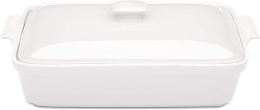 Stoneware Casserole Dish Bakeware Set with Lid, Covered Rectangular Dinnerware, Extra Large 4.23 Quart, 13 by 9 Inch, Bianco [White]