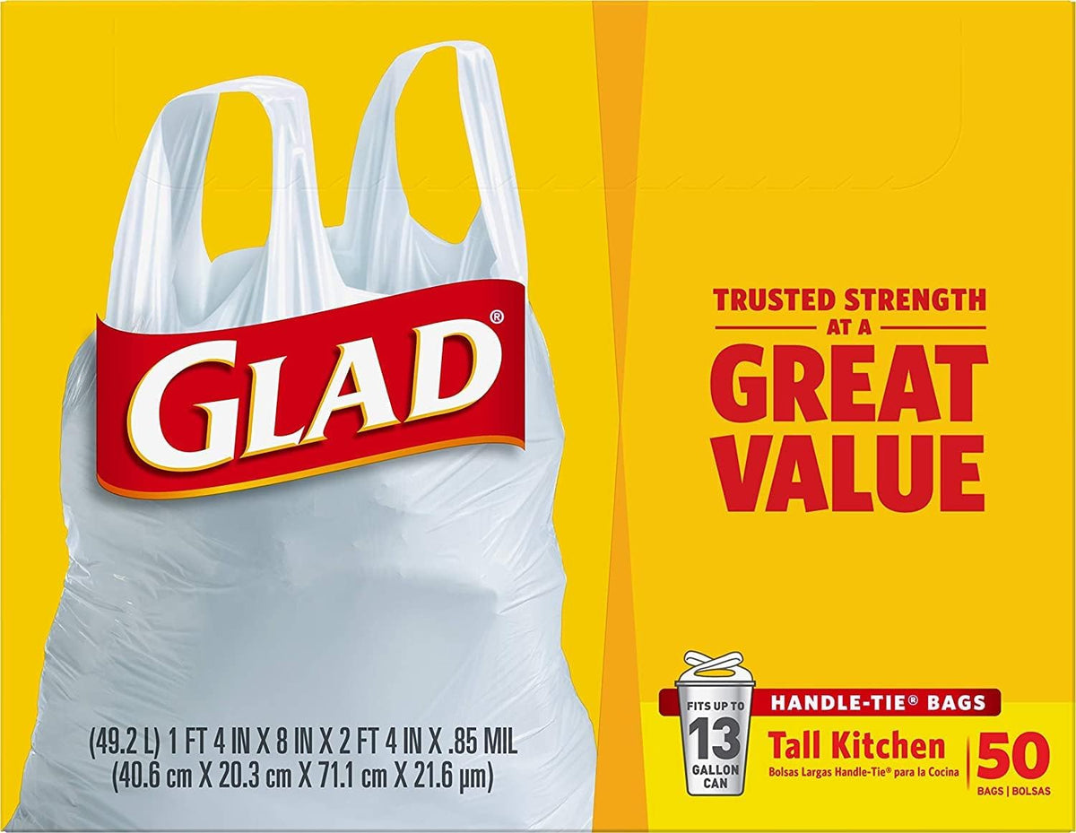 13 Gal. Tall Kitchen Handle-Tie Bags 50 ct (Pack of 4) – features