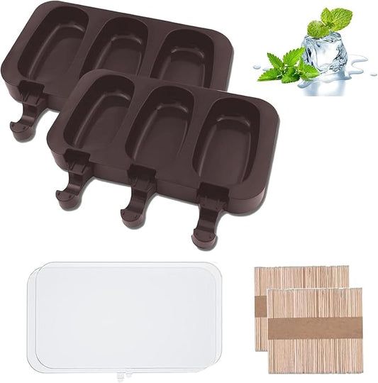 Popsicle Molds Set of 2, Ice Pop Molds Silicone, 3 Cavities Ice Cream Oval Cake Pop Mold with 100 Wooden Sticks for DIY Popsicle, Cake (Brown)